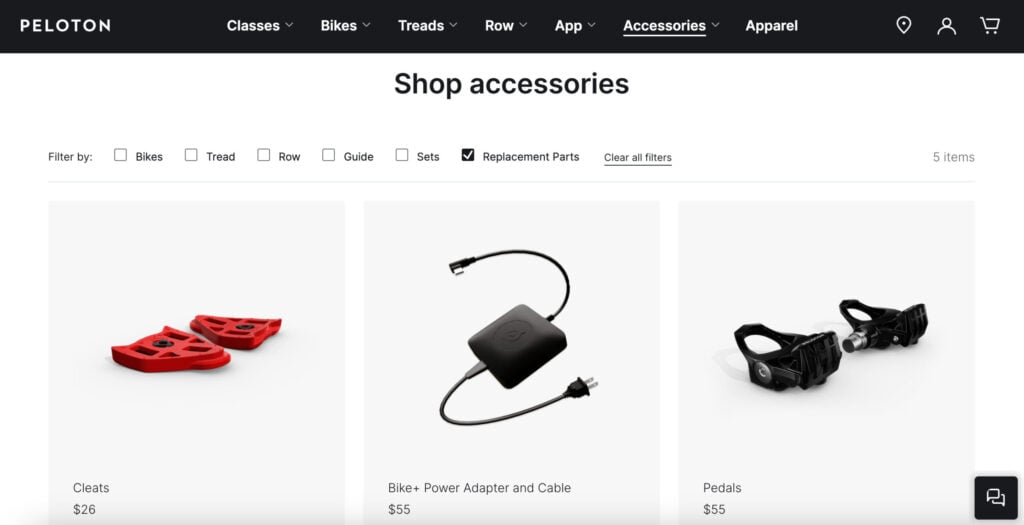 Accessories page of Peloton website showing replacement parts